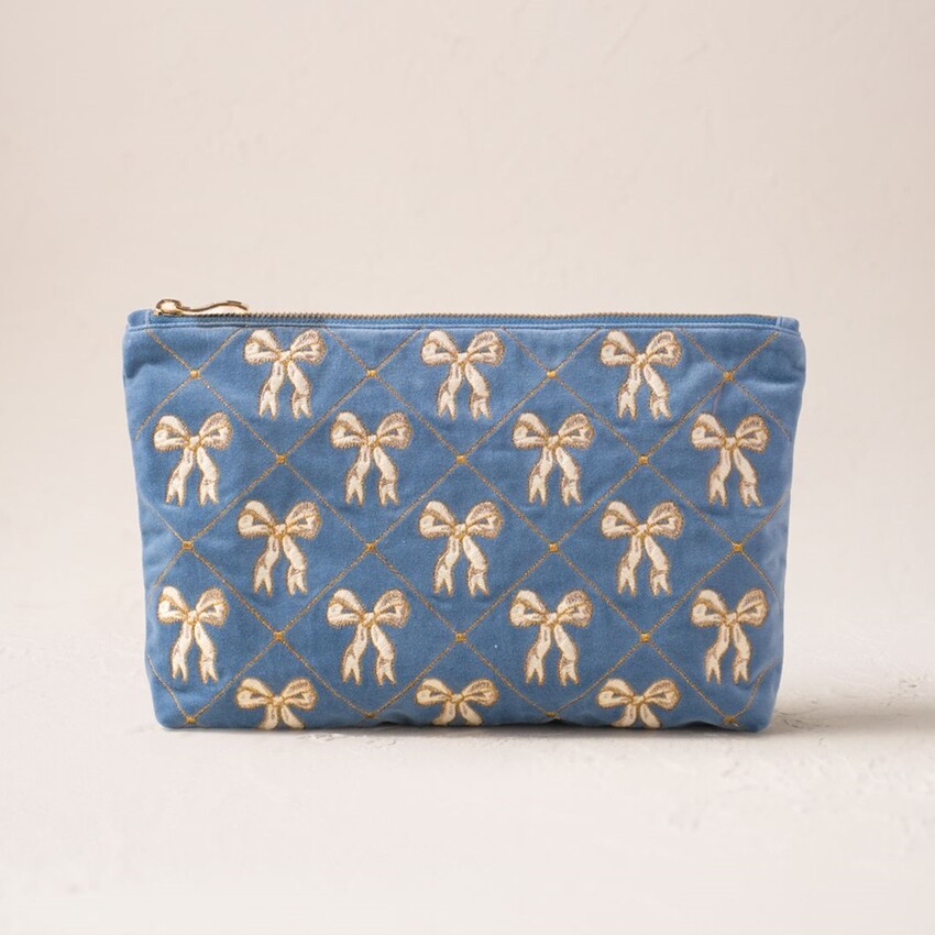 Photograph: Elizabeth Scarlett Lattice Bows Dusky Blue Velvet Pouch