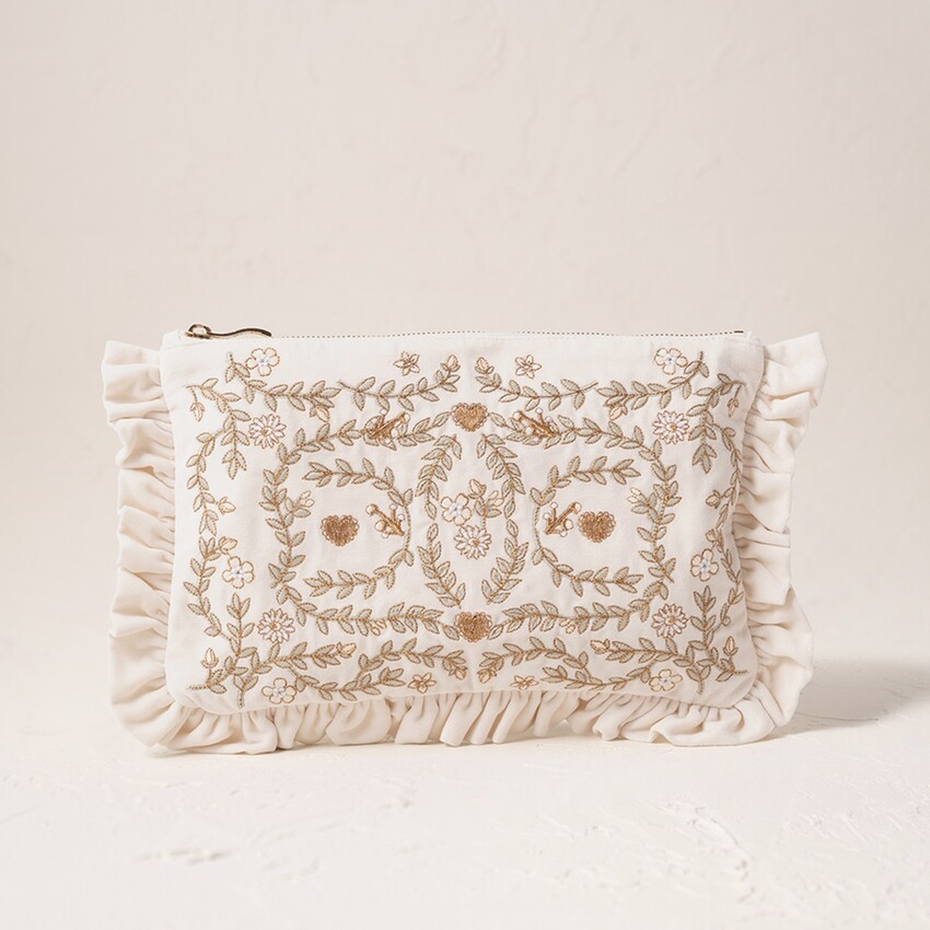 Photograph: Elizabeth Scarlett Mediterranean Garden Cream Velvet Frill Pouch