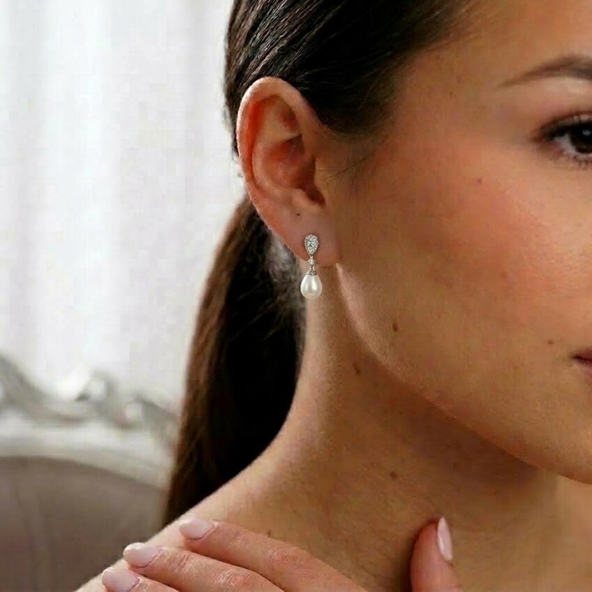 Photograph: Faye Silver Teardrop Pearl and Crystal Earrrings