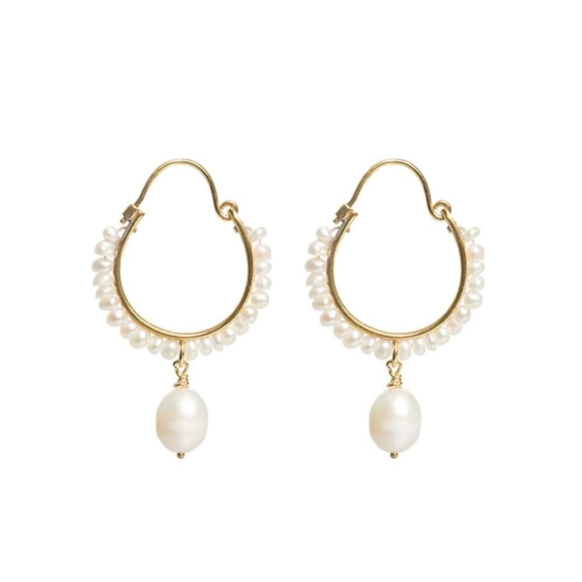 Photograph: Freya Rose Boho Small Gold Pearly Drop Hoop Earrings