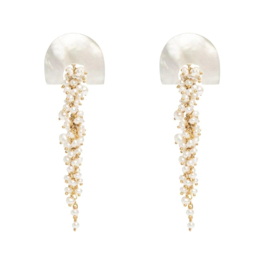 Photograph: Freya Rose Hakuro Ivory Mother of Pearl Long Drop Earrings