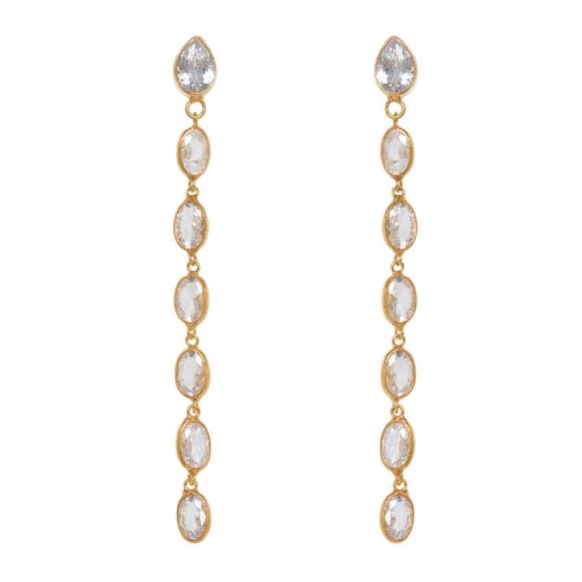 Fotograf: Freya Rose Lange Tropfenohrringe mit ovalem Kristall und goldenem Rahmen