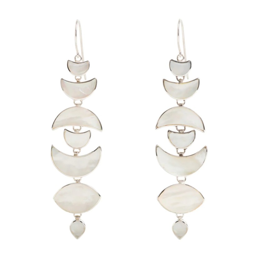 Photograph: Freya Rose Warrioress Silver Mother of Pearl Moon Drop Earrings