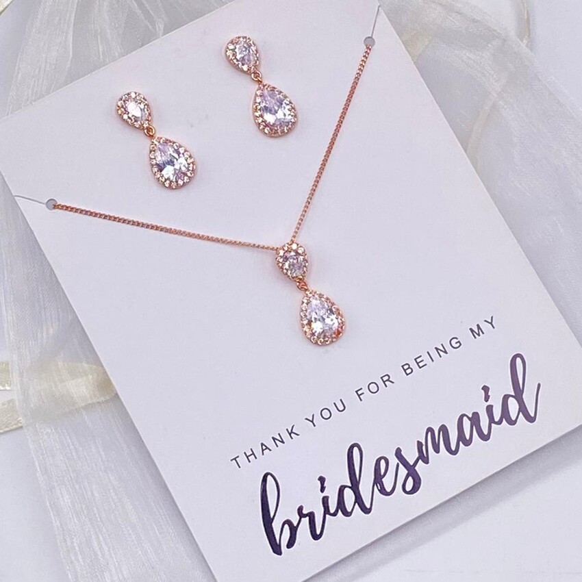 Fotografía: Juego de joyas de cristal en forma de lágrima en oro rosa «Gracias por ser mi dama de honor»