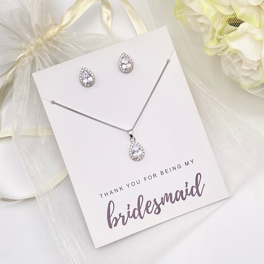 Fotografía: Juego de pendientes de cristal plateado «Gracias por ser mi dama de honor»