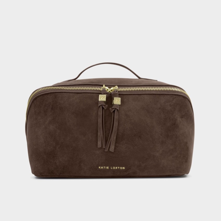 Photograph: Katie Loxton Soho Large Chocolate Faux Suede Makeup and Wash Bag