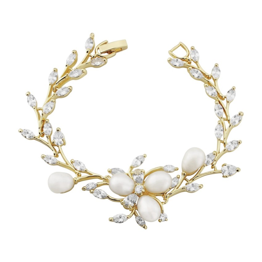 Photograph: Lola Freshwater Pearl and Crystal Leaves Wedding Bracelet (Gold)