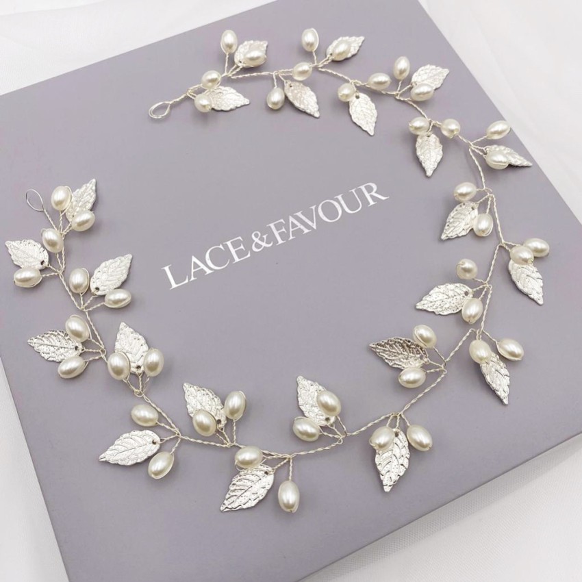 Photograph: October Silver Leaves and Pearls Long Wedding Hair Vine