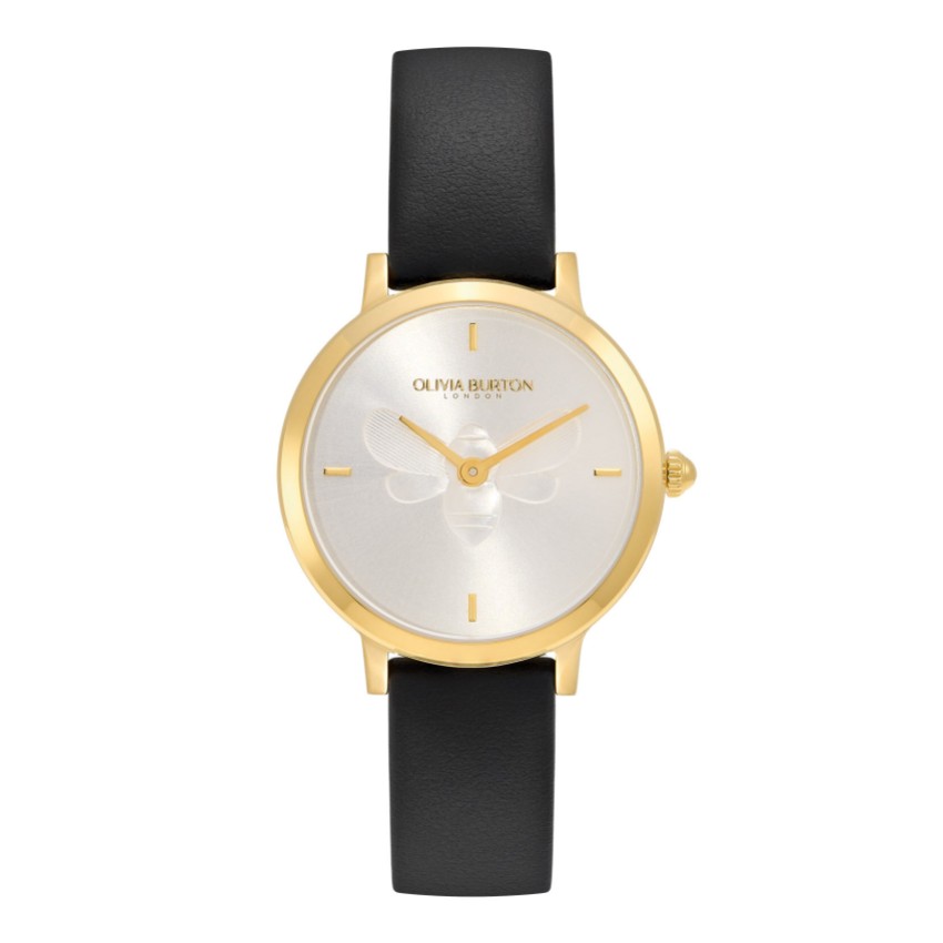Fotograf: Olivia Burton Bee 28mm Ultra Slim Uhr mit goldenem und schwarzem Lederarmband