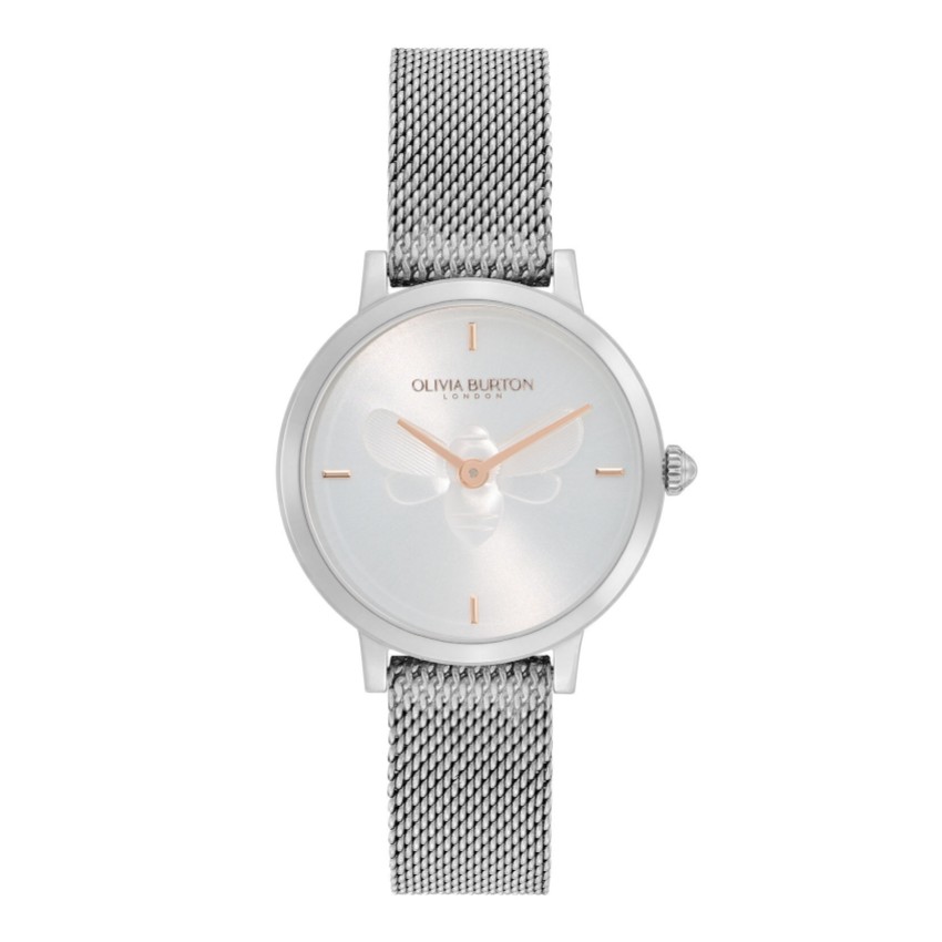 Zdjęcie: Olivia Burton Zegarek Bee 28 mm Ultra Slim z metaliczną białą i srebrną siateczką