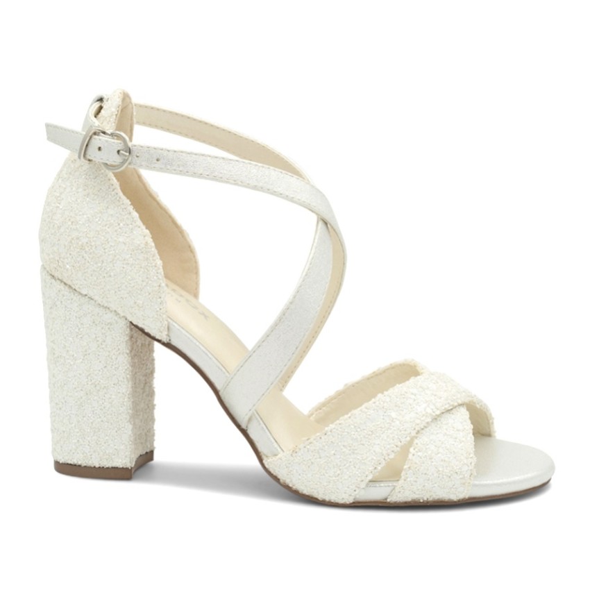 Fotograf: Paradox London Carina Weiß Glitter High Block Heel Crossover Sandalen