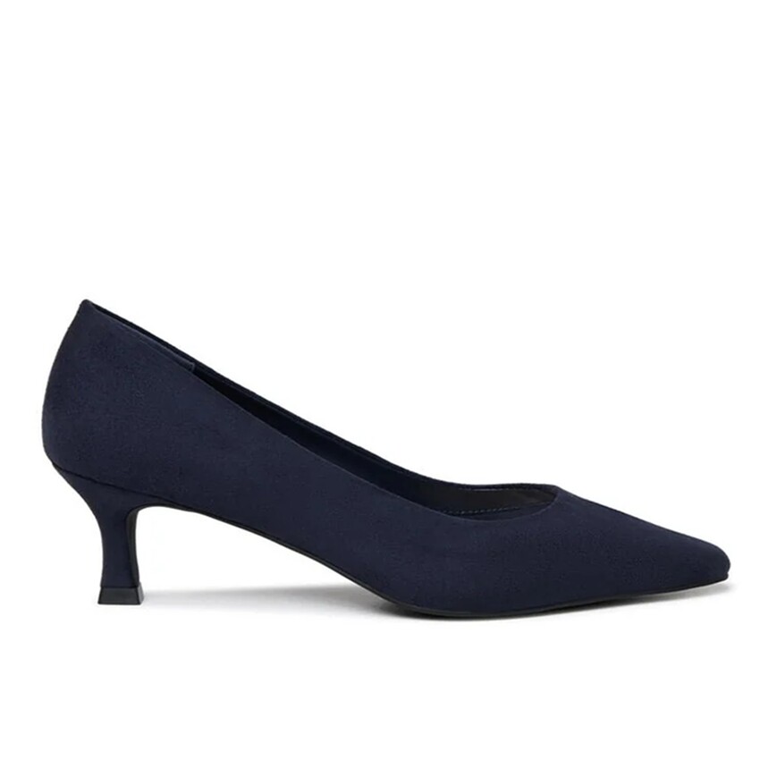 Photograph: Paradox London Tova Navy Suede Flared Low Heel Court Shoes