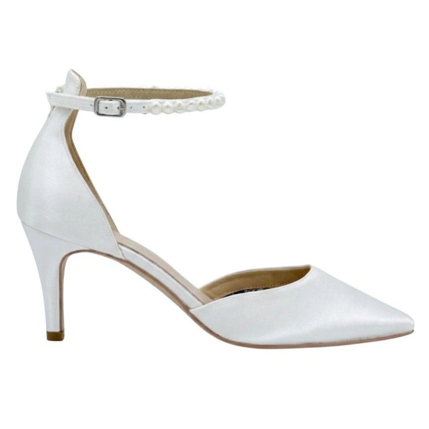 Photograph: Perfect Bridal Ella Mid Dyeable Ivory Satin Keshi Pearl Ankle Strap Court Shoes (Wide Fit)