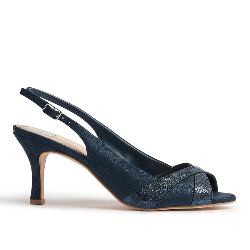 Photograph: Perfect Bridal Sandales à talon ouvert « Queenie » bleu marine avec détails en peau de serpent