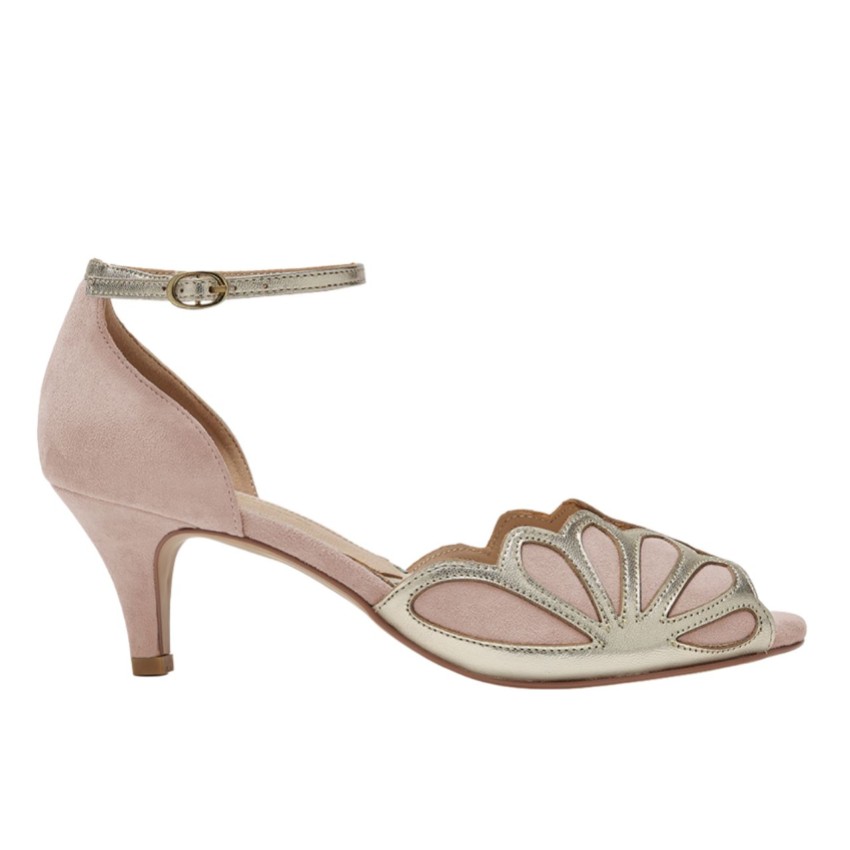 Photograph: Rachel Simpson Isadora Powder Pink Suede Low Heel Ankle Strap Sandals