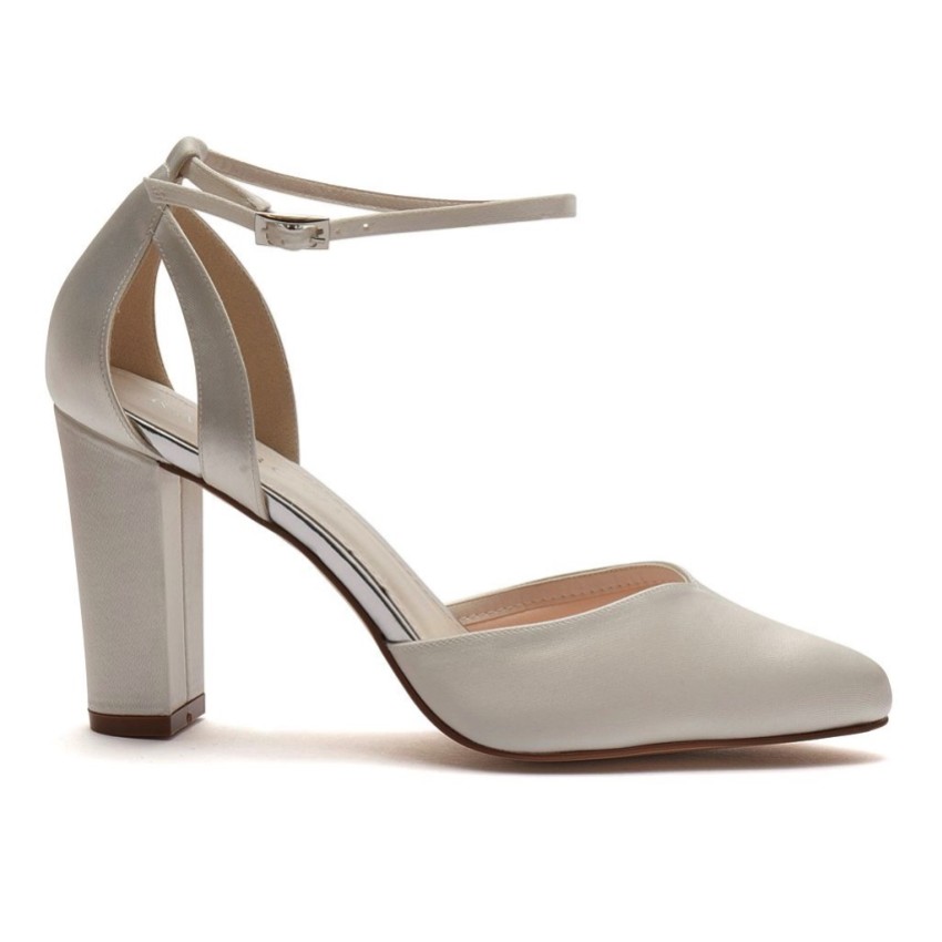 Photograph: Rainbow Club Eve Dyeable Ivory Satin Ankle Strap Block Heels