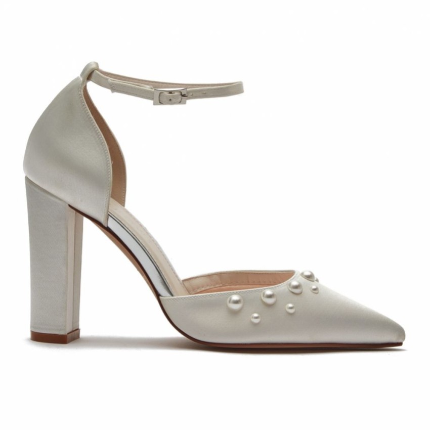 Photograph: Rainbow Club Maya Dyeable Ivory Satin Pearl Block Heel Ankle Strap Court Shoes
