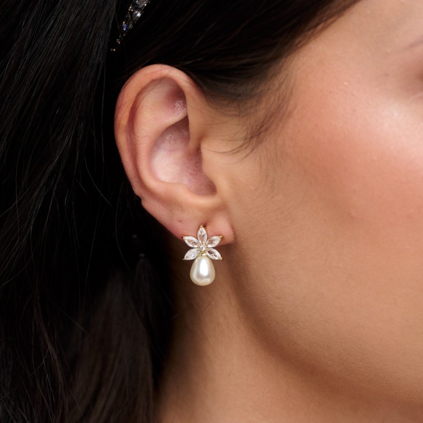Photograph: Sahara Gold Crystal Leaves and Teardrop Pearl Earrings