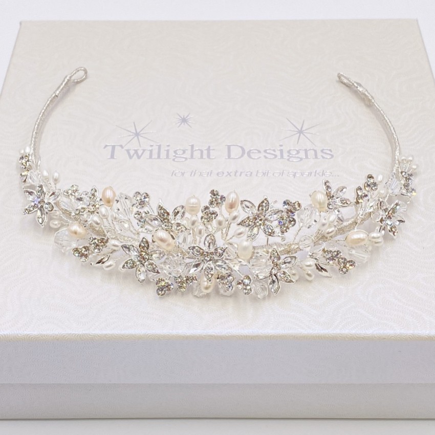 Photograph: Tahlia Freshwater Pearl, Diamante Flowers and Crystal Tiara