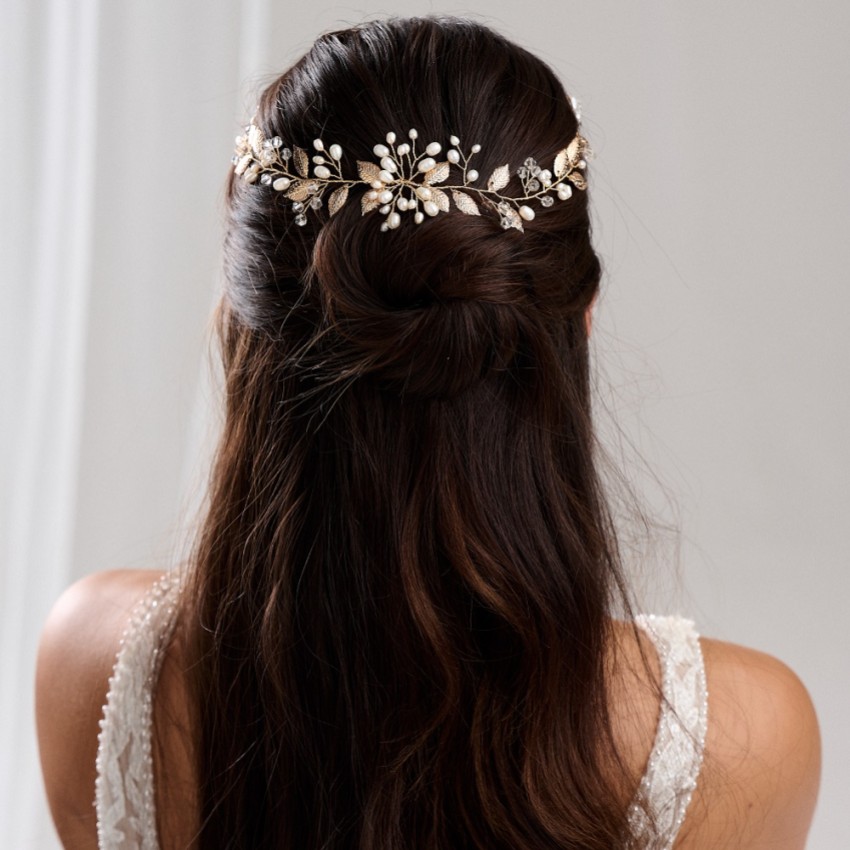 Photograph: Woodland Dream Gold Leaves and Freshwater Pearl Hair Vine