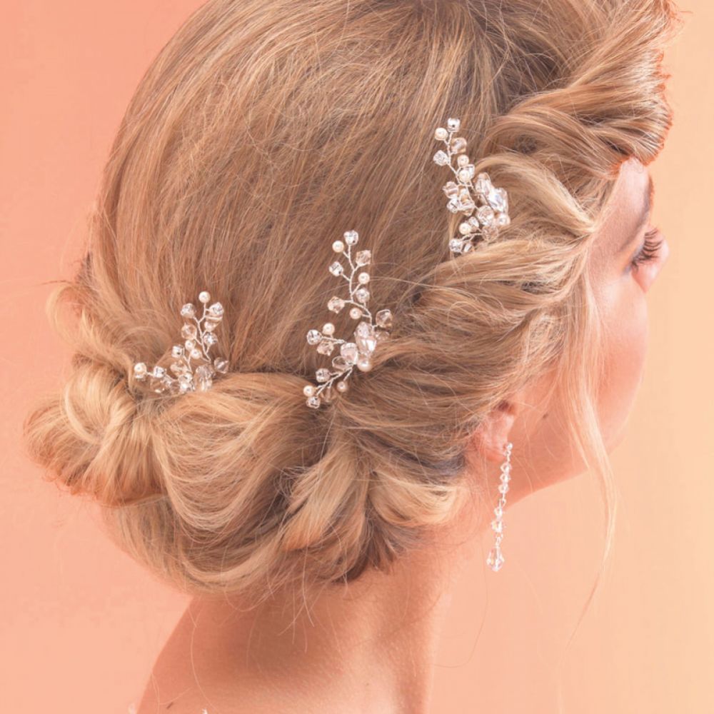 Arianna Set of 3 Crystal and Pearl Branch Bridal Hair Pins