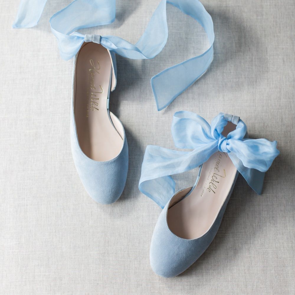 Harriet Wilde Hetty Flat Blue Suede Ballet Pumps with Organza Ankle Tie