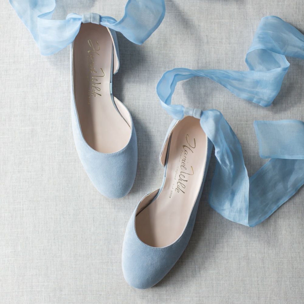 Harriet Wilde Hetty Flat Blue Suede Ballet Pumps with Organza Ankle Tie