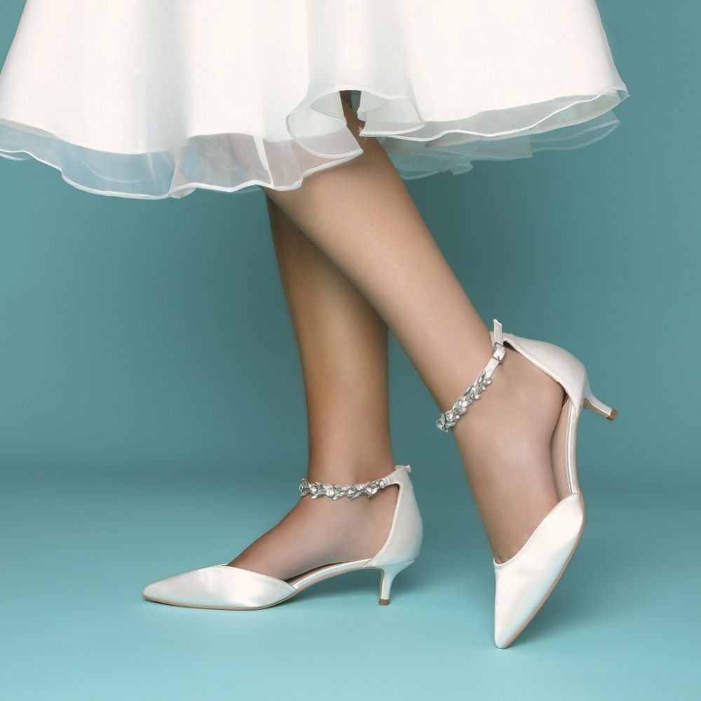 Perfect Bridal Eliza Dyeable Ivory Satin Embellished Ankle Strap Kitten Heels