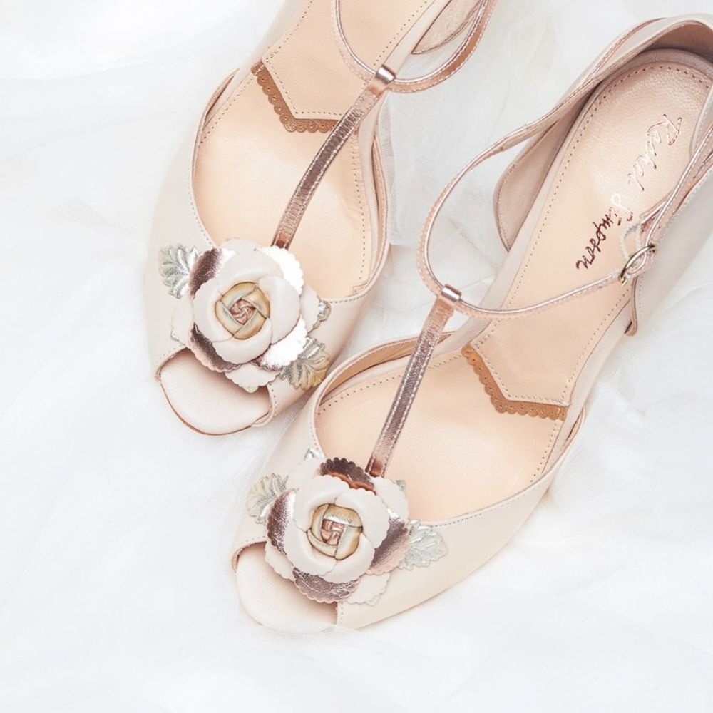 Rachel Simpson Gabriella Blush Ivory Leather Vintage T-Bar Wedding Shoes