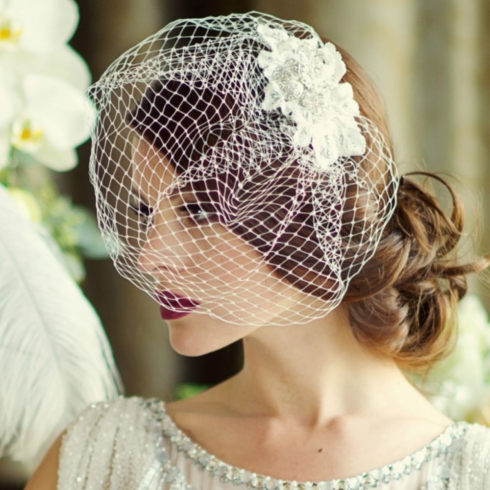 SassB Couture Crystal Embellished Floral Bridal Birdcage Veil