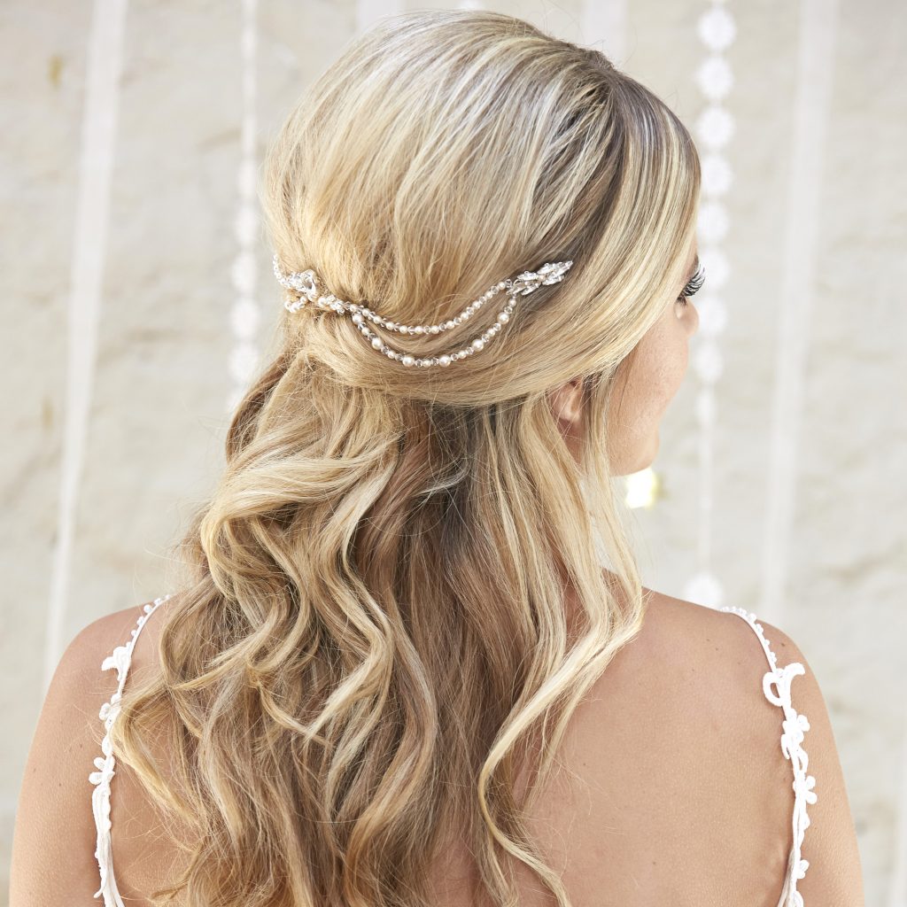 bridal hair down with headpiece